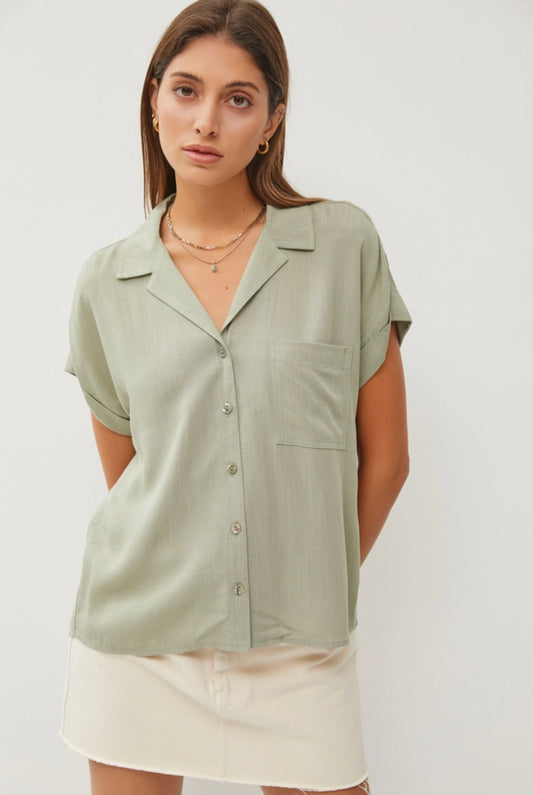 V-Neck Collared Short Sleeve Button Down Shirt