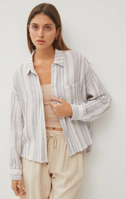 Striped Cotton Gauze Long Sleeve Button Down Shirt