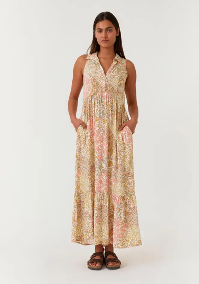 Multi Print Sleeveless Collared Maxi Dress